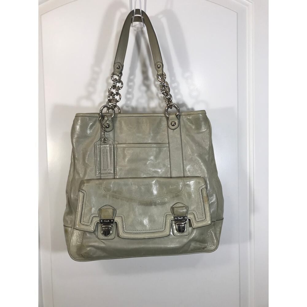 Coach Poppy Pushlock Shopper Tote 17924 Y2K Silver Sage EUC